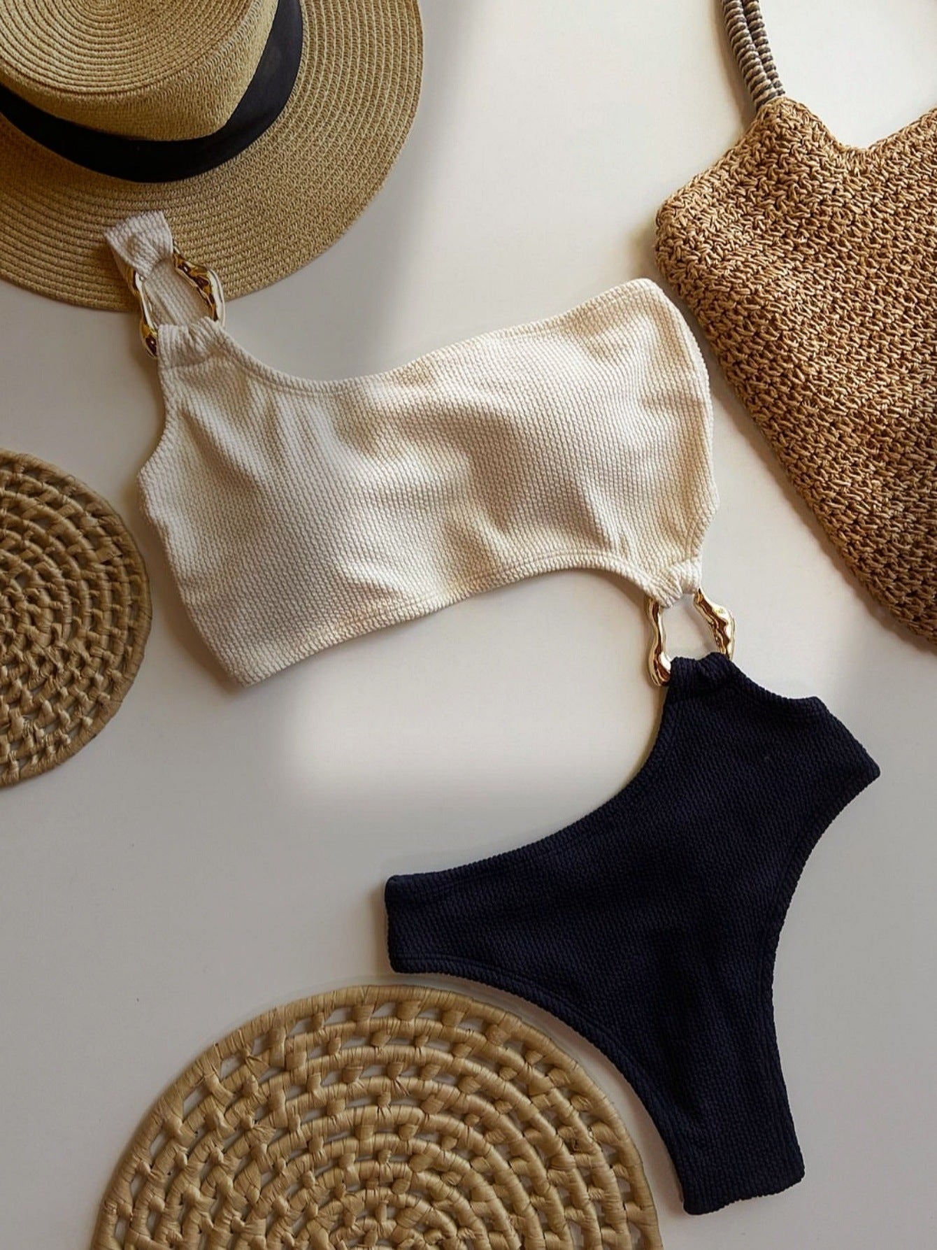 Irregular Asymmetric Metal Accessories Rib Fabric One Piece Swimsuit Beach Sexy Women Swimsuit Bella Mia